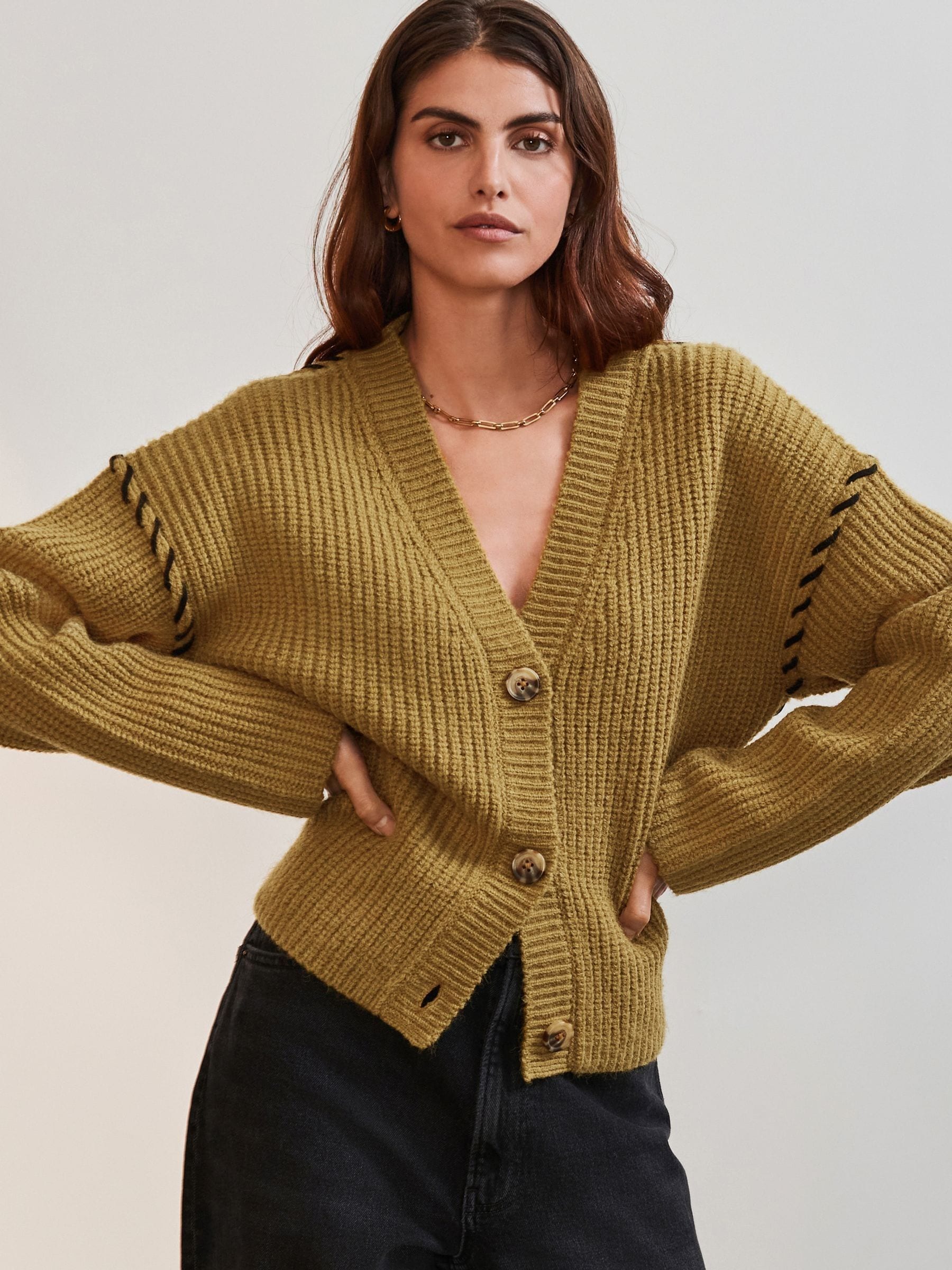 新着商品 Buy Green Cardigan V-Neck Up Button Stitch Contrast Olive トップス