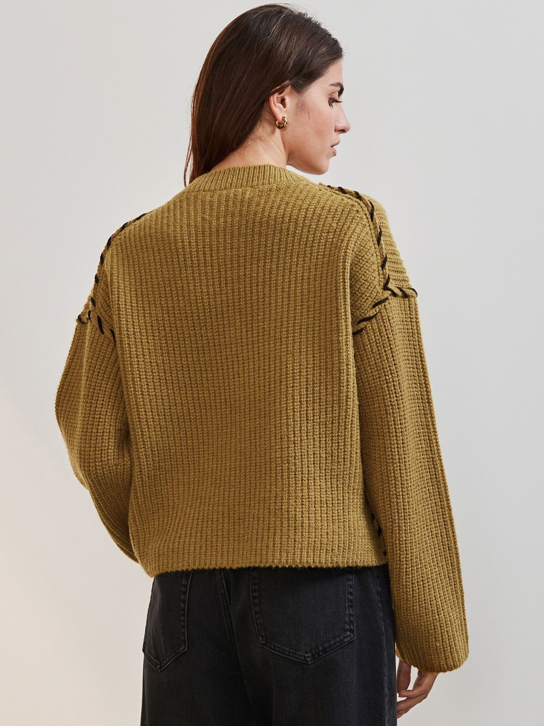 【本物新品保証】 Stitch Contrast Olive Green Buy Button Cardigan V-Neck Up トップス