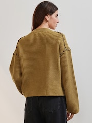 Olivno zelena - Contrast Stitch Button Up V-izrez; z V-izrezom pletena jopa - Slika 4 iz 8