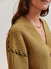 Olivno zelena - Contrast Stitch Button Up V-izrez; z V-izrezom pletena jopa - Slika 5 iz 8