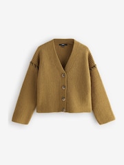 Olivno zelena - Contrast Stitch Button Up V-izrez; z V-izrezom pletena jopa - Slika 6 iz 8