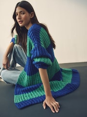 Green Blue Stripe Chunky Knitted Longline Bright Cardigan - Image 1 of 1