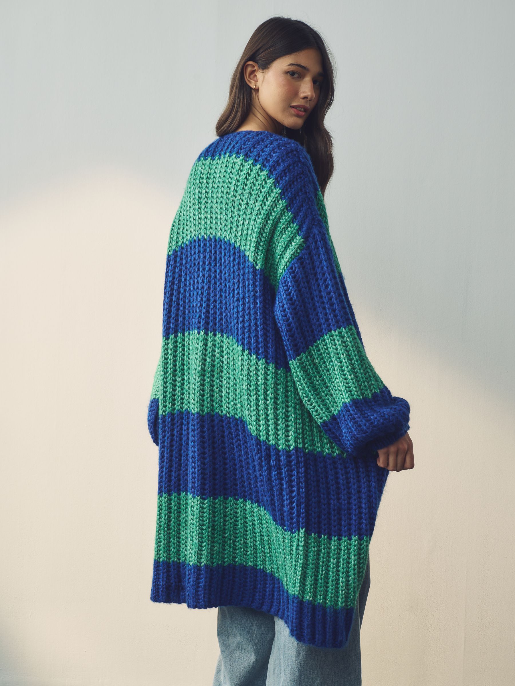 Buy Green Blue Stripe Chunky Knitted Longline Bright Buy Green Blue Stripe Chunky Knitted Longline Bright