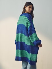 Green Blue Stripe Chunky Knitted Longline Bright Cardigan - Image 2 of 7