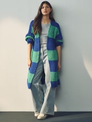 Green Blue Stripe Chunky Knitted Longline Bright Cardigan - Image 3 of 7
