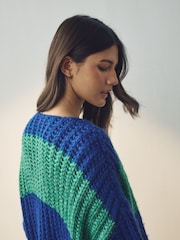 Green Blue Stripe Chunky Knitted Longline Bright Cardigan - Image 4 of 7