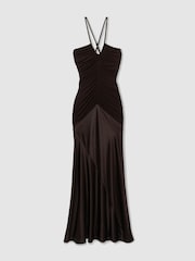 Reiss Chocolate Paula Hybrid Jersey Satin Plunge Maxi Dress - Image 2 of 7