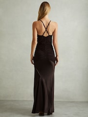 Reiss Chocolate Paula Hybrid Jersey Satin Plunge Maxi Dress - Image 5 of 7
