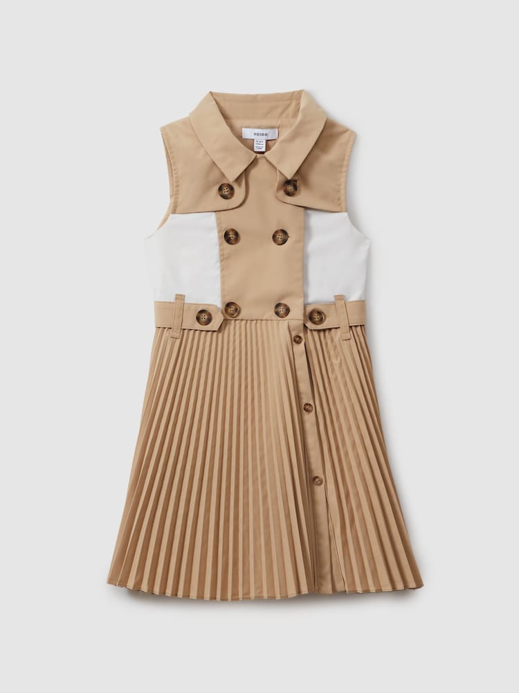 Reiss Camel Georgina 9-13 yrs Pleated Button-Front Dress - Image 2 of 4