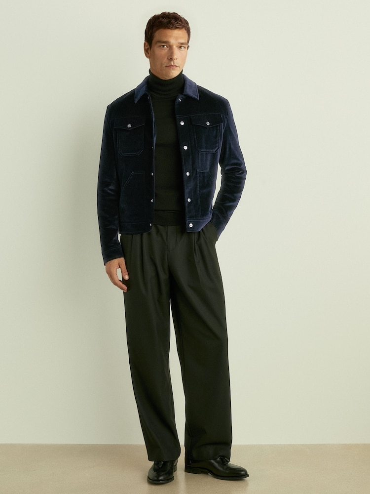 Reiss Navy Weir Cotton-Blend Velvet Jacket - Image 1 of 7