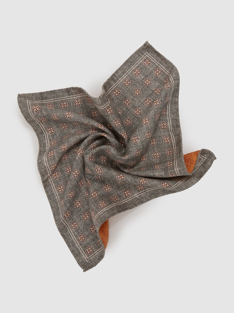 Reiss Charcoal/Burnt Orange Biriola Reversible Silk Pocket Square - Image 2 of 4 Reiss Charcoal/Burnt Orange Biriola Reversible Silk Pocket Square - Image 2 of 4