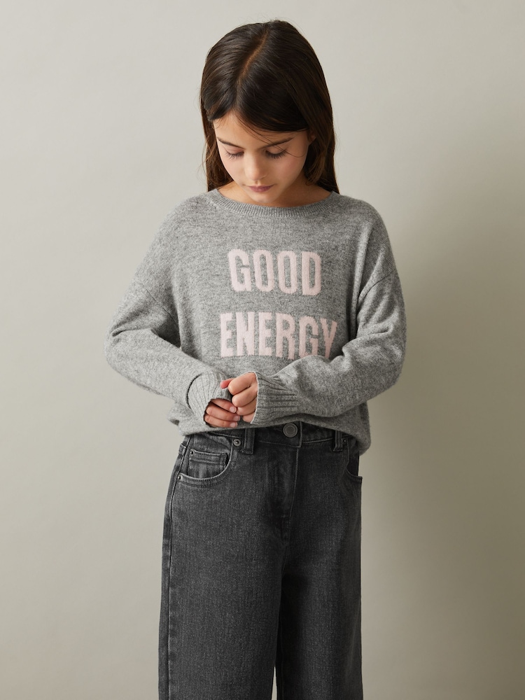 Reiss Grey Shelly 9-13 yrs Wool Blend Crew Neck Slogan Jumper - Image 1 of 4