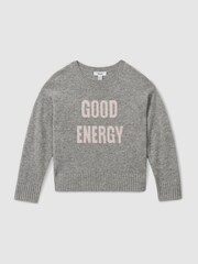Reiss Grey Shelly 9-13 yrs Wool Blend Crew Neck Slogan Jumper - Image 2 of 4
