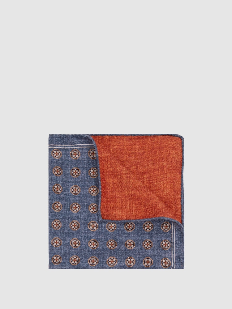 Reiss Indigo/Rust Biriola Reversible Silk Pocket Square - Image 1 of 5