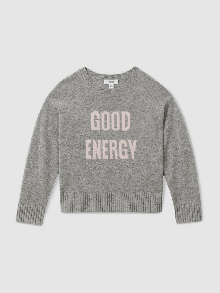Reiss Grey Shelly 13-14 yrs Wool Blend Crew Neck Slogan Jumper - Image 1 of 4
