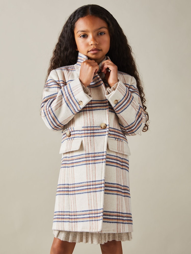 Reiss Brown Claude 13-14 yrs Wool Blend Checked Asymmetric Funnel Neck Coat - Image 2 of 4