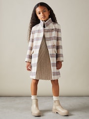 Reiss Brown Claude 13-14 yrs Wool Blend Checked Asymmetric Funnel Neck Coat - Image 3 of 4