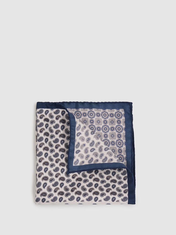 Reiss Ivory/Navy Lucca Silk Hybrid Print Pocket Square - Image 1 of 5