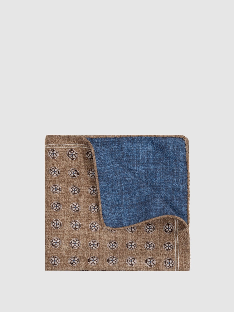 Reiss Tobacco/Blue Biriola Reversible Silk Pocket Square - Image 1 of 5