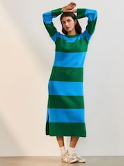Blue Green Stripe Relaxed Soft Touch Crew Neck Midi Knitted Jumper Dress - Image 1 of 9