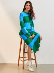 Blue Green Stripe Relaxed Soft Touch Crew Neck Midi Knitted Jumper Dress - Image 2 of 9