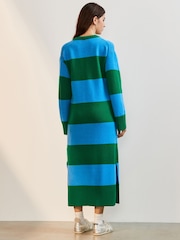Blue Green Stripe Relaxed Soft Touch Crew Neck Midi Knitted Jumper Dress - Image 3 of 9