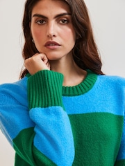 Blue Green Stripe Relaxed Soft Touch Crew Neck Midi Knitted Jumper Dress - Image 4 of 9