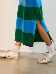 Blue Green Stripe Relaxed Soft Touch Crew Neck Midi Knitted Jumper Dress - Image 5 of 9