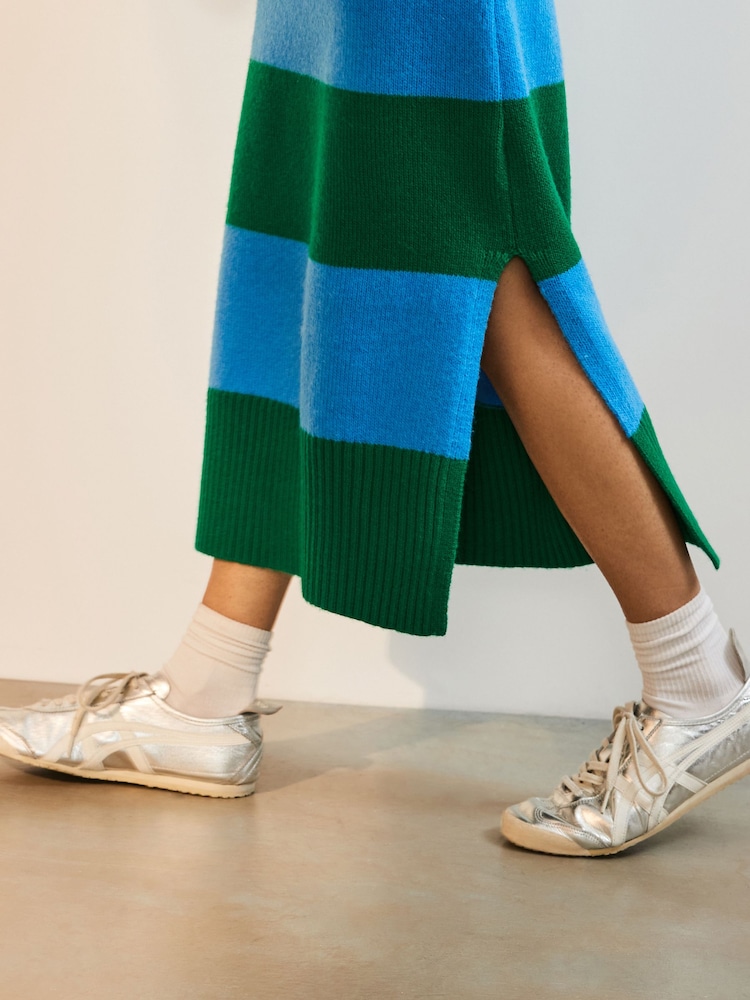 Blue Green Stripe Relaxed Soft Touch Crew Neck Midi Knitted Jumper Dress - Image 5 of 9