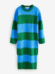 Blue Green Stripe Relaxed Soft Touch Crew Neck Midi Knitted Jumper Dress - Image 6 of 9
