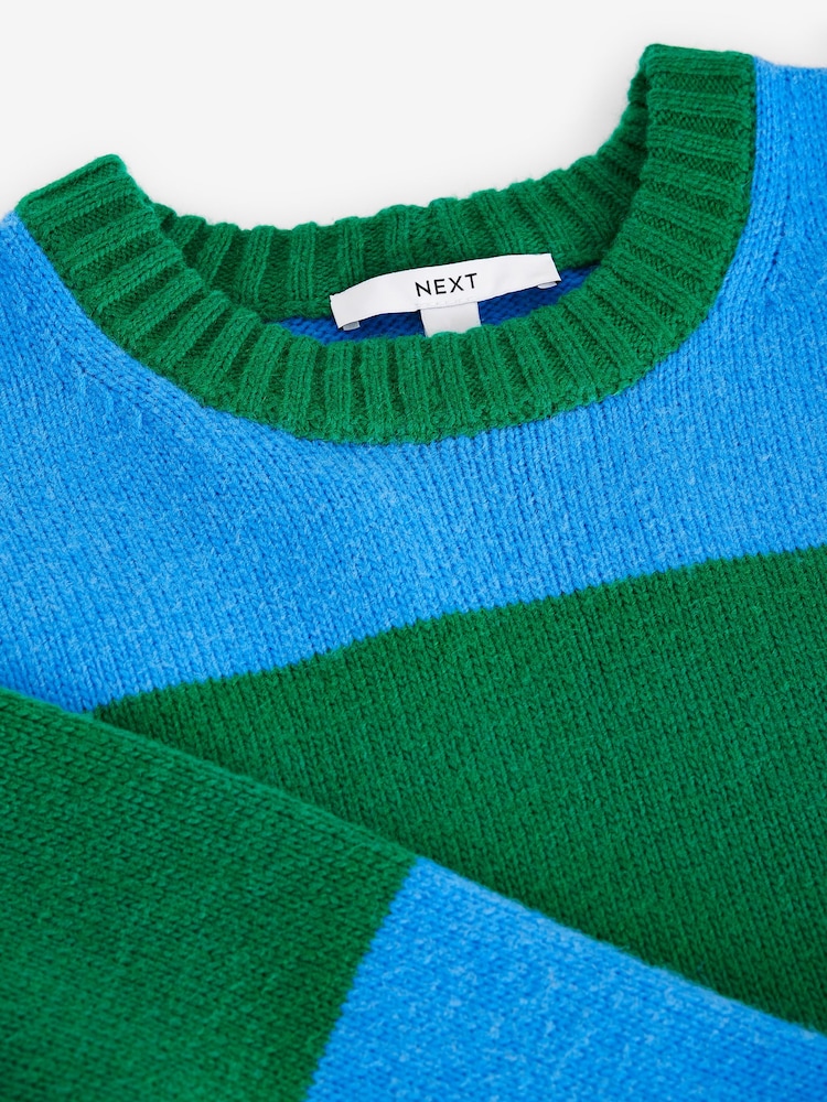 Blue Green Stripe Relaxed Soft Touch Crew Neck Midi Knitted Jumper Dress - Image 8 of 9