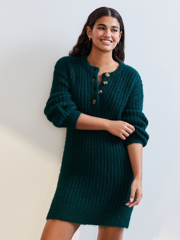 Dunkelgrün - Crew Neck Button Knitted Mini Jumper Dress - Bild 1 von 7 Dunkelgrün - Crew Neck Button Knitted Mini Jumper Dress - Bild 1 von 7