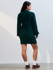 Grønn Mørk - Rund hals Button Knitted Mini Genser Kjole - Bilde 2 av 7