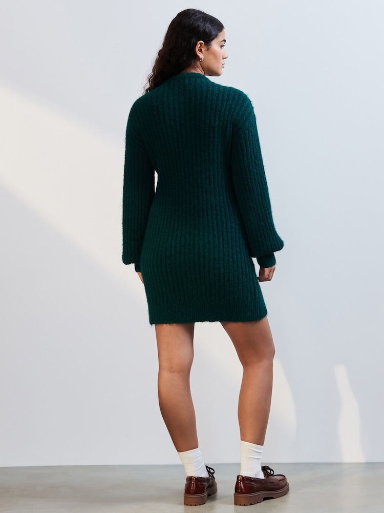 Grønn Mørk - Rund hals Button Knitted Mini Genser Kjole - Bilde 2 av 7