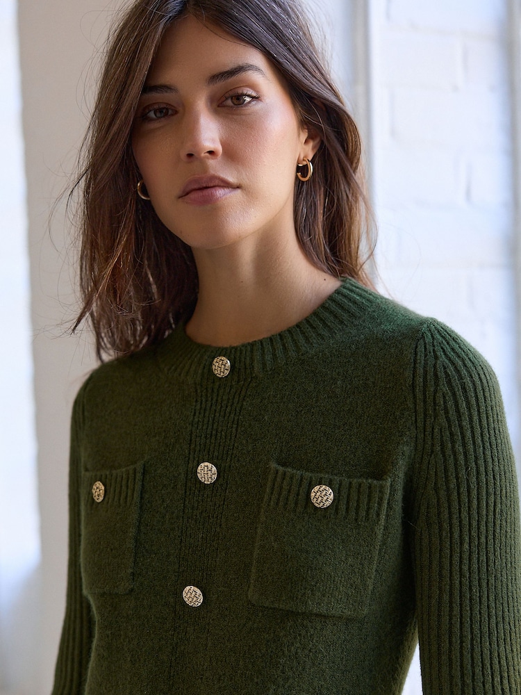 Khaki Green Smart Button Up Knitted Jumper Dress with Wool - Image 3 of 6
