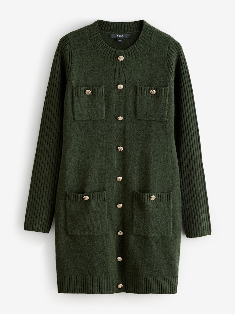 Khaki Green Smart Button Up Knitted Jumper Dress with Wool - Image 4 of 6