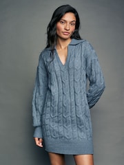 Blue Chambray Knitted Cable Mini Dress with Wool - Image 1 of 7