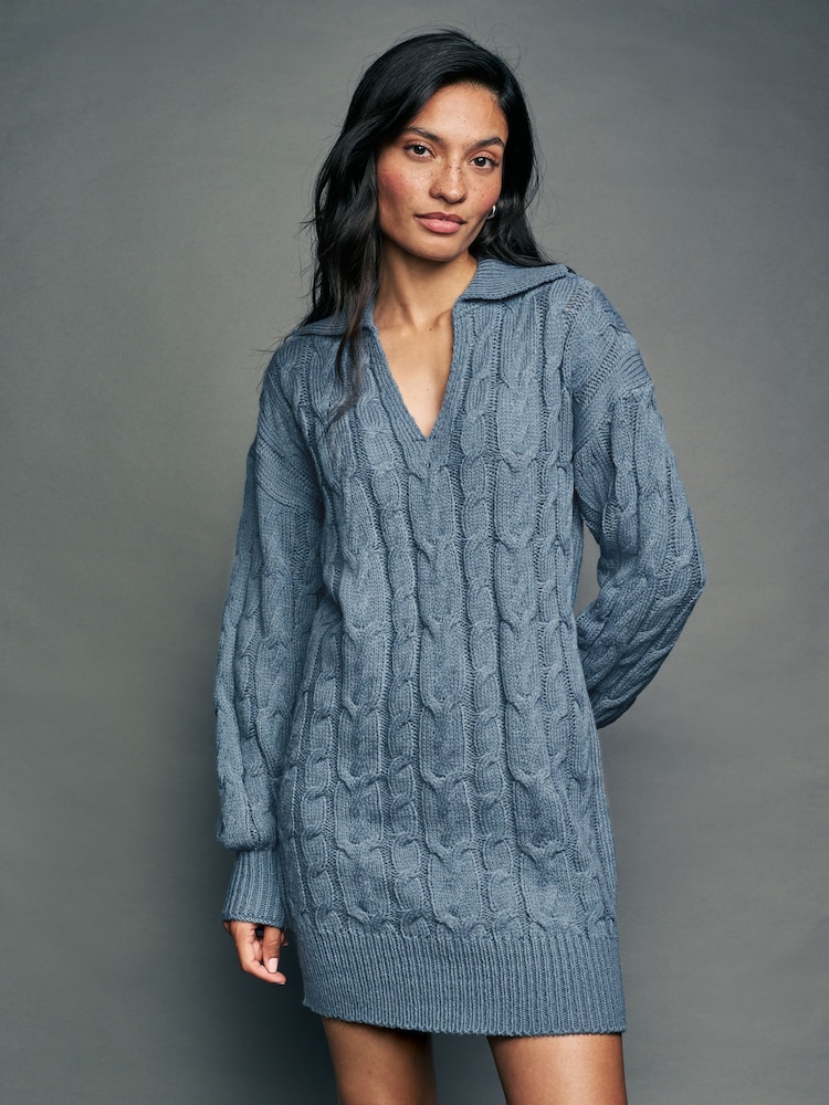 Blue Chambray Knitted Cable Mini Dress with Wool - Image 1 of 7