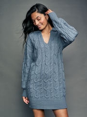 Blue Chambray Knitted Cable Mini Dress with Wool - Image 4 of 7