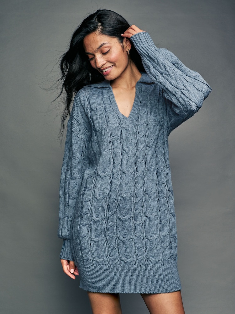 Chambray bleu - Robe courte en maille torsadée avec laine - Image 4 of 7
