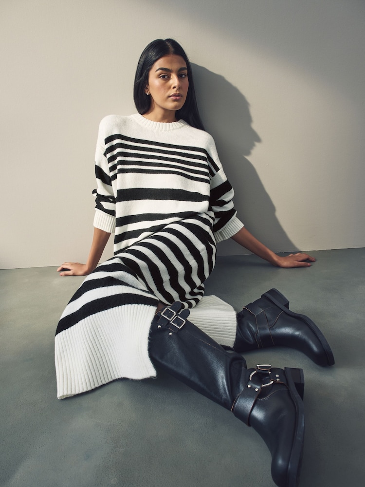Black White Relaxed Soft Touch Crew Neck Midi Knitted Jumper Dress - Image 1 of 8