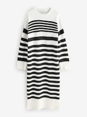 Black White Relaxed Soft Touch Crew Neck Midi Knitted Jumper Dress - Image 2 of 8
