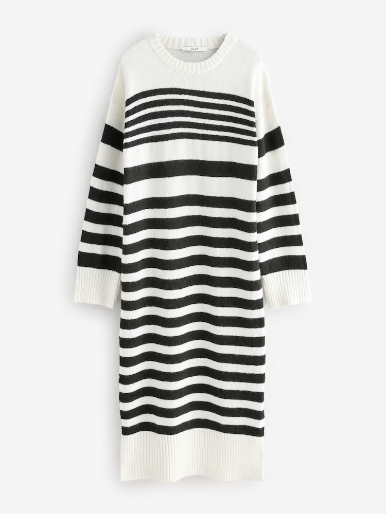 Black White Relaxed Soft Touch Crew Neck Midi Knitted Jumper Dress - Image 2 of 8