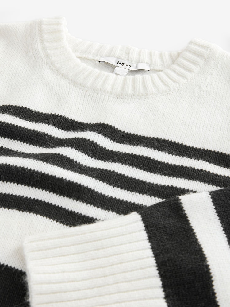 Black White Relaxed Soft Touch Crew Neck Midi Knitted Jumper Dress - Image 3 of 8