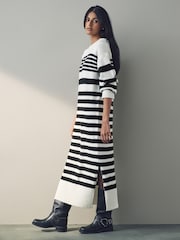 Black White Relaxed Soft Touch Crew Neck Midi Knitted Jumper Dress - Image 5 of 8