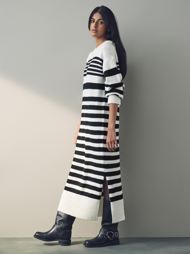 Black White Relaxed Soft Touch Crew Neck Midi Knitted Jumper Dress - Image 5 of 8