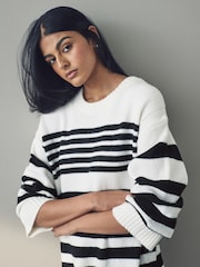 Black White Relaxed Soft Touch Crew Neck Midi Knitted Jumper Dress - Image 6 of 8