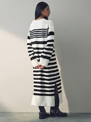 Black White Relaxed Soft Touch Crew Neck Midi Knitted Jumper Dress - Image 7 of 8