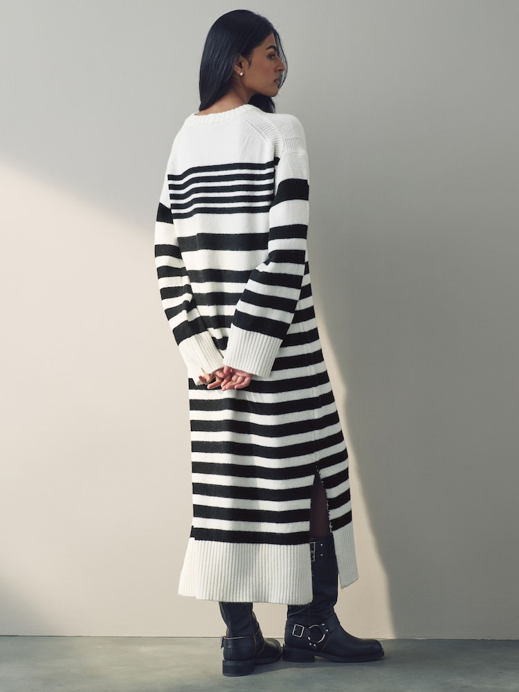 Black White Relaxed Soft Touch Crew Neck Midi Knitted Jumper Dress - Image 7 of 8