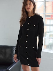Black Smart Button Up Knitted Jumper Dress with Wool - Image 1 of 7